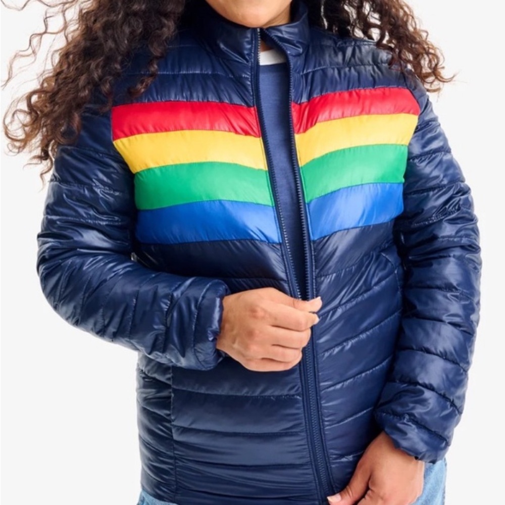 Primary Women's Puffer Jacket - Navy with Rainbow Stripes